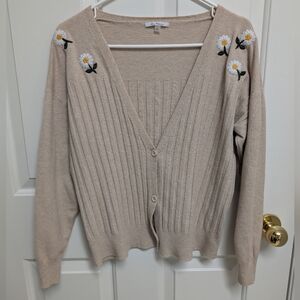 Floral Daisy Embroidered Beige Button Up V Neck Cardigan Size Large